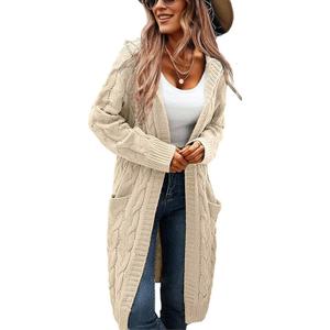 Women's Hooded Open Front Long Cardigan Cable Knit Sweaters Side Pocket Oversized Chunky Cardigan Outwear Coat (Beige)