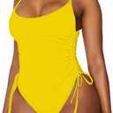 Viottiset Women's Ruched High Cut One Piece Swimsuit Tummy Control Bathing Suit Monokini (Large, Yellow)