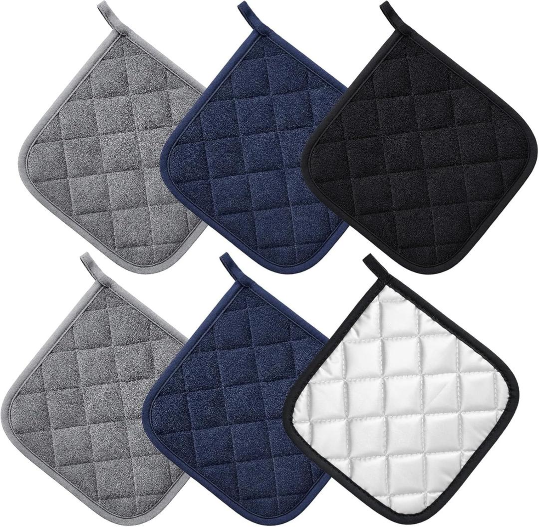 6 PCS Cotton Pot Holders for Kitchen Heat Resistant Hot Pads Square Potholders Set Oven Mitts Trivets Black Blue Grey Kitchen Accessories