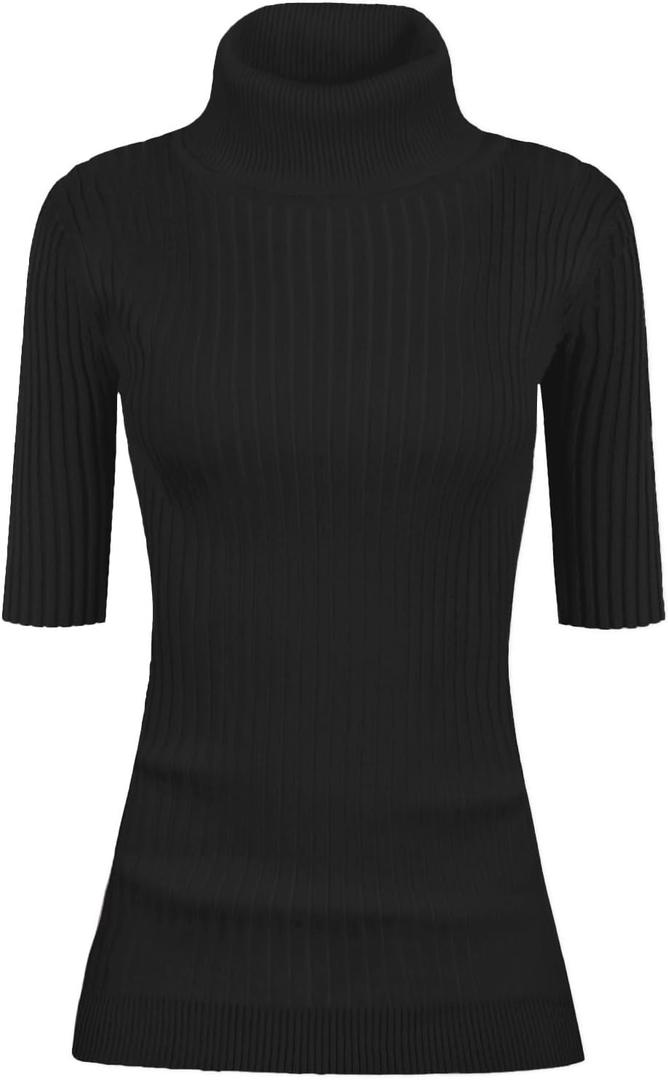 v28 Women Turtleneck 1/2 Half Sleeve Highly Stretchy Ribbed Knit Fitted Sweater (Black, M)