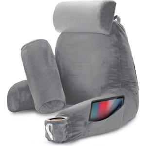 Nestl Reading Pillow with Shredded Memory Foam Includes 2 Neck and Lumber Support Pillows, Designed for Sitting Up in Bed and Couch, Back and Arms Adjustable Support for Adult & Teens, Grey, Size: Large 22"