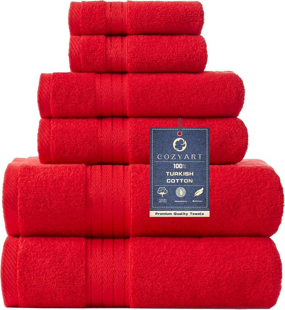 COZYART Red Bath Towel Set for Bathroom Soft Absorbent Durable 650 GSM Turkish Cotton Towel Sets of 6, 2 Large Bath Towels, 2 Hand Towels, 2 Washclothes (6 Piece Towel Set, Haute Red)