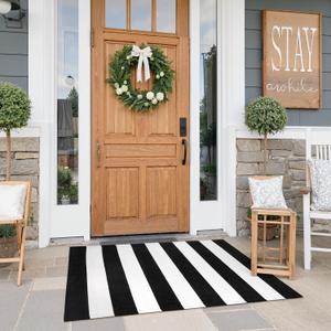 Collive Black and White Outdoor Striped Rug 27.5"x 43", Washable Layered Door Mats Outdoor,Farmhouse Front Porch Rug Decor,Cotton Woven Entryway Rugs for Welcome Mat Kitchen