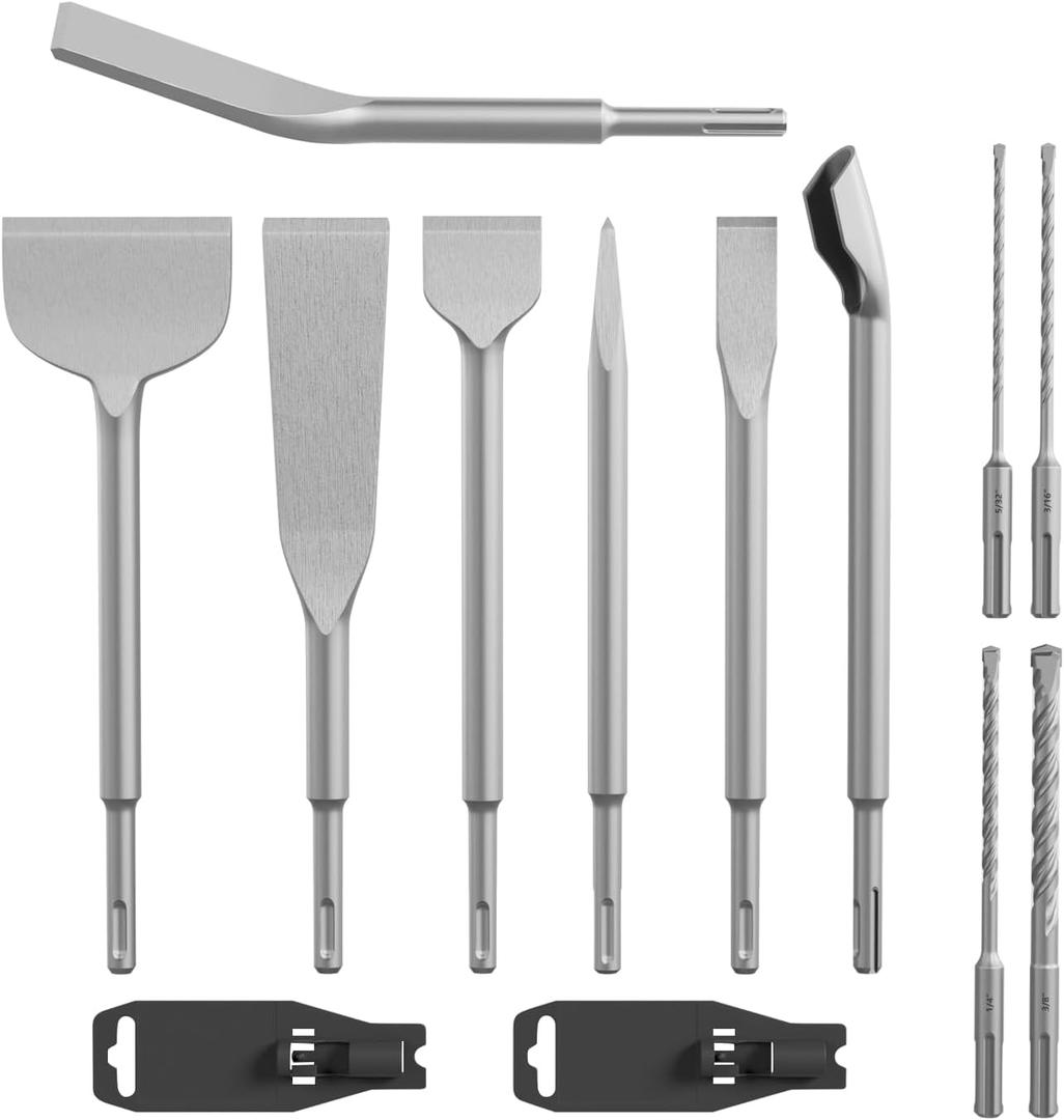 GSTK 11PCS Carbide SDS PLUS Chisel Set, SDS PLUS Drill Rotary Hammer Bits Drill Cleaning Concrete Tile Set Drill Chisel Set, Ideal for Removing Tiles, Mortar, Bricks, Stones, Concrete, Blocks