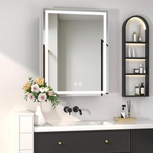 LED Bathroom Medicine Cabinet Mirror with Lights, 24'' x 32'' Aluminum Frame with Sockets & USBs, Anti-Fog Dimmable Light and Color Adjustment, Sliver