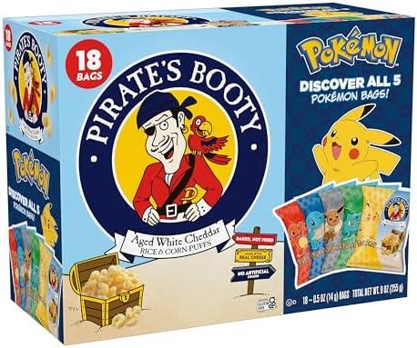 Pirate's Booty Pokémon Multipack, Aged White Cheddar Cheese Puffs, Gluten-Free, Kids Snacks, 0.5oz (18ct), Best Before Date 01/26/2026
