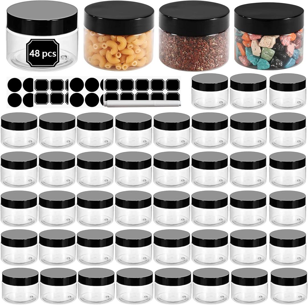 48 Pack 120ml 4 oz Empty Clear Plastic Jars with Black Lids, Refillable Round Containers for Slime,Beauty Products, powder, Cream, Scrubs, Cookie,Dried Fruit. Include 1 Pen and 120 Labels.