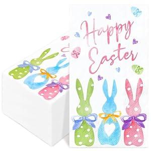 3 x 100 Pcs Happy Easter Napkins Bunny Print Paper Guest Napkins Easter Rabbit Decorative Hand Towels Spring Disposable Beverage Dinner Napkin for Bathroom Party Tableware Supplies