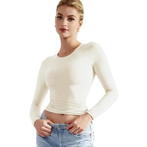 SUUKSESS Women Double Lined Fitted Basic T Shirts Crew Neck Long Sleeve Crop Top (X-Large, Pearl)