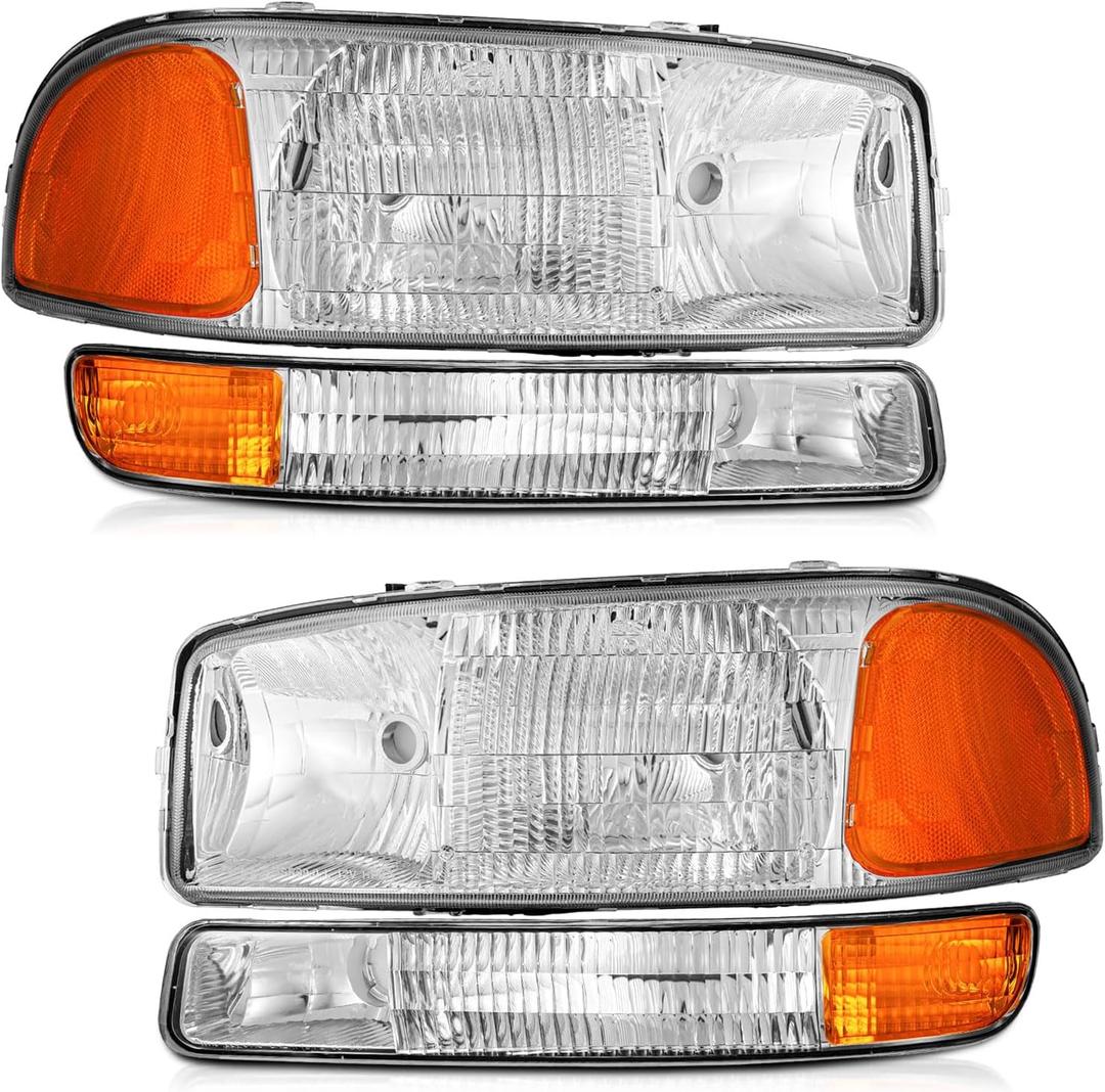 WEELMOTO for 1999-2006 Sierra 1500 headlights for 01-06 Sierra 2500 HD 3500 1500 HD/ 99-06 Yukon/00-06 Yukon XL 1500 2500 Headlamp Chrome Housing Amber Reflector Left+Right
