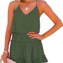 Newffr Womens V Neck Summer Mini Dress Sleeveless Ruffle Spaghetti Strap Racerback Flowy Beach Vacation Sundresses (Green, S)