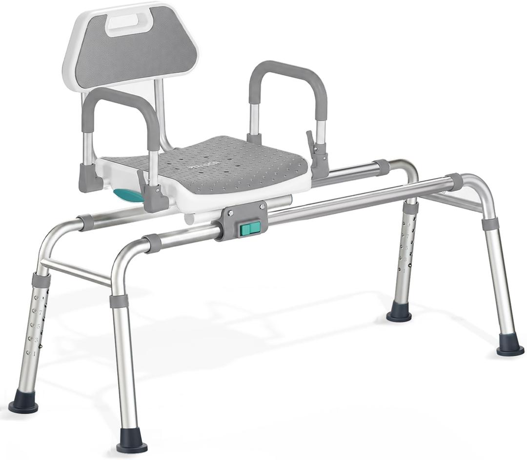 Sliding Shower Chair Tub Transfer Bench with Swivel Seat, Shower Bench for Elderly and Disabled, with Security Belt, 360 Rotation, Slides and Rotates, Adjustable,one Touch Slide Button, Grey