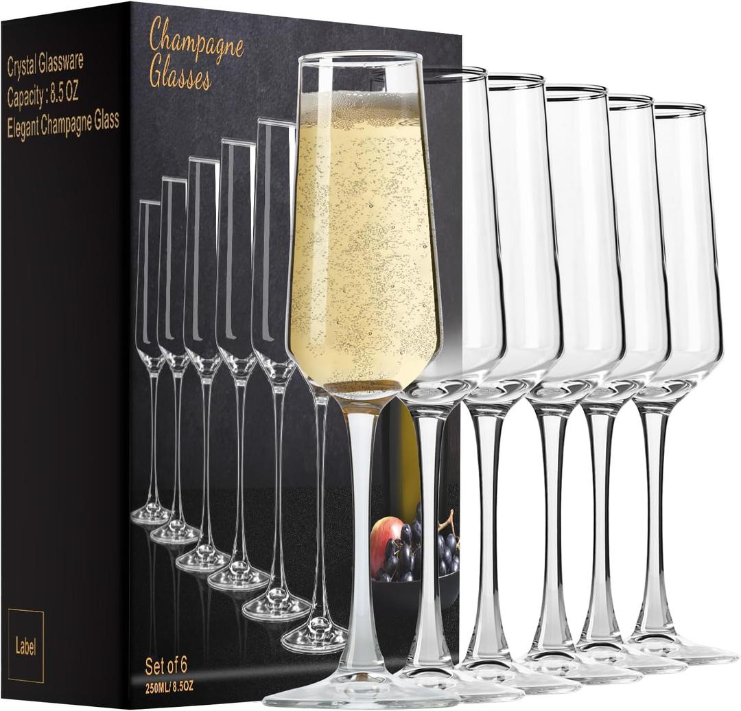 PARACITY Champagne Flutes, Champagne Glasses, Elegant 8.5oz Glass Champagne Flutes, Gift for Birthday, Wedding, Christmas, Clear Sparkling Champagne Glasses for Women, Men (Large, 6, Count)