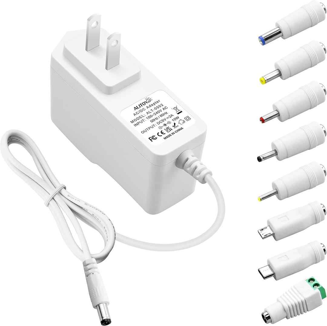 ALITOVE 5V Power Supply Adapter 5 Volt 2A 10W Universal AC/DC Adapter Charger 100-240V AC to DC 5V Power Cord Converter with 8 Tip for Security Camera Baby Monitor Scanner Digital Frame LED Light (White)