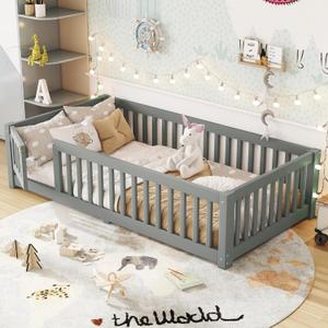 Bellemave Twin Size Floor Bed with Door and Fence for Kids, Montessori Floor Bed with Slats and Safety Guardrails, Solid Wood Twin Bed Frame for Girls Boys(Twin, Gray)