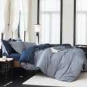 Reversible Duvet Cover Set 100% Washed Cotton Blue Stripe Linen Feel Duvet Cover Queen Size with Zipper Closure & 2 Pillow Shams,Navy/White Stripe Reverse Solid Navy