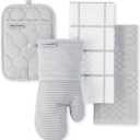 KITCHENAID Quilted Cotton Terry Cloth Oven Mitt, Pot Holder, Kitchen Towel 4-Pack Set, Heat Resistant, Silicone Grip, 16"x26", 7"x13" & 7"x10", Matte Grey