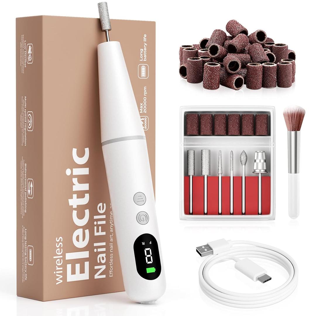 Electric Nail Drill Kit Professional - 9 Speed Cordless Electric Nail File with LED Display, Portable Nail Drill Machine for Acrylic Gel Nails, Hand Feet Trimmer Buffer Tool for Women Men Baby White