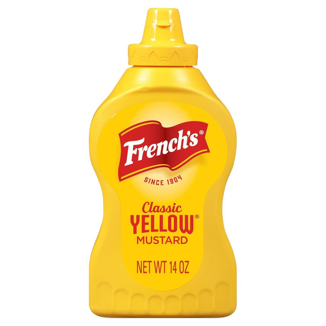 Frenchs Yellow Mustard, Classic, Stone-Ground #1 Grade Mustard Seeds, Product of the USA, Gluten Free, No Artificial Flavors, For Burgers, Brats, and Hot Dogs, 14 oz