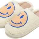 Retro Fuzzy Face Slippers for Women Men, Retro Soft Fluffy Warm Home Non-Slip Couple Style Casual Smile Face Slippers Indoor Outdoor Anti-Skid Warm Cozy Foam Slide Fuzzy Slides with Soft Memory Foam Shoes (6.5-7.5 Women/7-8 Men, Blue)