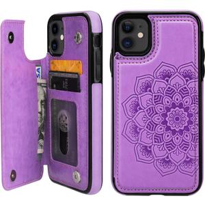 Vaburs Compatible with iPhone 11 Case Wallet with Card Holder, Embossed Mandala Pattern Flower Premium PU Leather Double Magnetic Buttons Flip Shockproof Protective Cover for 6.1 Inch, (Purple)