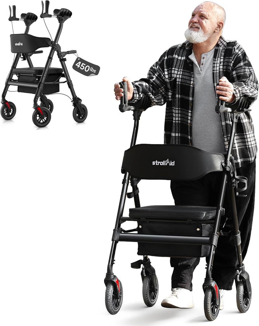 Upright Walkers for Seniors, 450 lb Heavy Duty Stand Up Rollator Walker with Adjustable Soft Sponge Armsupport & Seat, Tall Standing Folding Rolling Walker with 8'' Wheel, Black