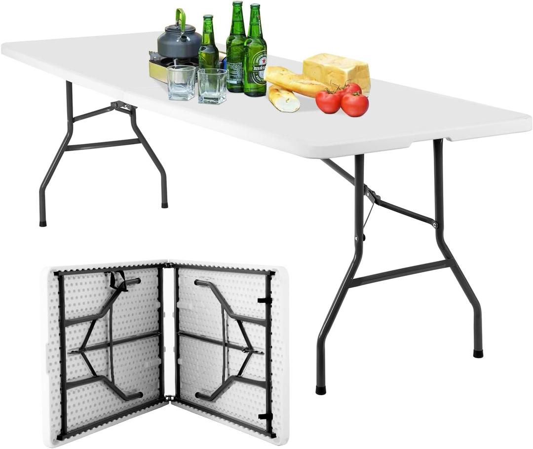 BestOffice 8FT Picnic Table Folding Table Camping Table Plastic Table Fold Up Table Lock for Party Event,White, 8 FT 29"x94"