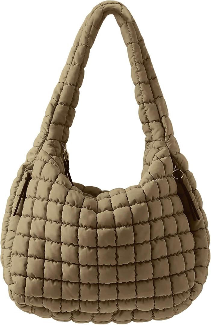 Puffer Quilted Shoulder Bag for Women Padding Shoulder Bag Puffy Hobo Bag Trendy Tote Bag 2025 (Large, Brown)
