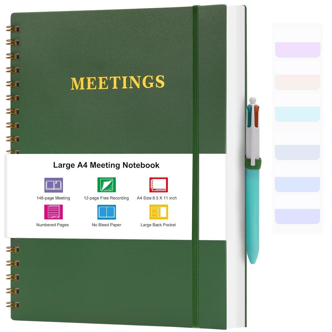 Meeting Notebook for Work, Notebooks for Work 8.5" x 11", Professional Meeting Notes Notebook for Women Men, Large Spiral Notebook with Numbered Page, Sticky Tabs, PVC Pockets for Organization, Green