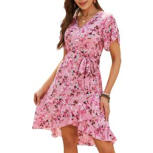 Womens Wrap V Neck Short Sleeve Dress 2025 Summer Floral Boho Dress Ruffle A Line Flowy High Low Midi Dresses (Pink, XL)