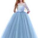 Girls Flower Vintage Floral Lace 3/4 Sleeves Floor Length Dress Wedding Party Evening Formal Pegeant Dance Gown, Size 170 (Blue)