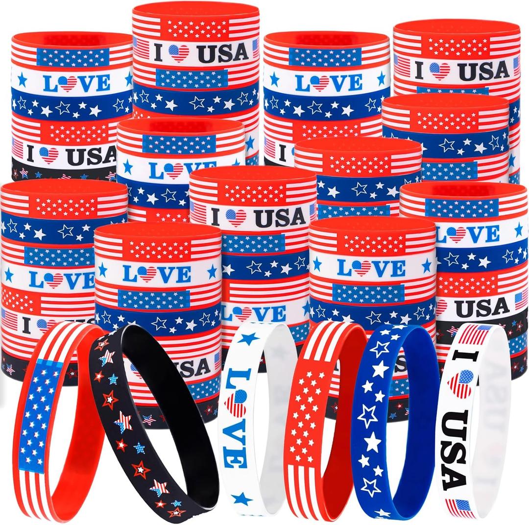 Moon Boat 144PCS 4th/ Fourth of July Accessories Party Favors: Patriotic Silicone Rubber Bracelets Bulk USA Flag Wristbands American Memorial Day Decorations Gifts Supplies