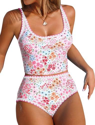 ZAFUL Tankini Swimsuit Tummy Control Bathing Suits Two Piece Swim Top with High Waisted Bottom Size L Pink Floral