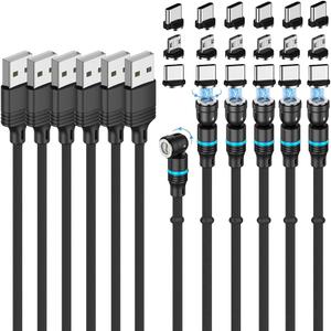 Magnetic Charging Cable (6-Pack,1.6+3.3+3.3+6.6+6.6+10ft) 540 Rotation 3A Fast Charging Data Sync 3 in 1 Magnetic Phone Charger Cable with LED Light Compatible with Micro USB Type C Phone Device