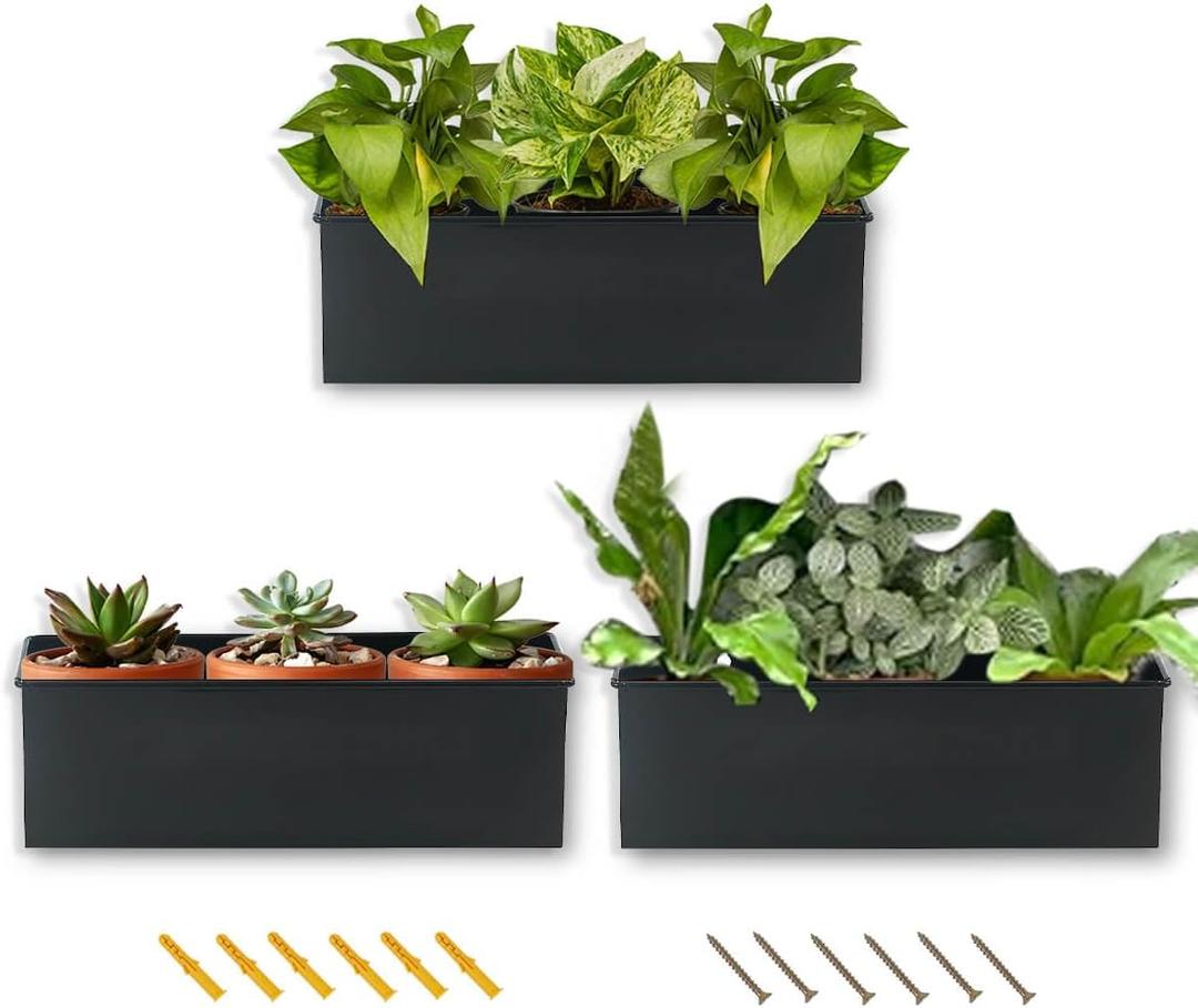 vensovo Metal Wall Hanging Planter Boxes  12" Rectangle Flower Pots, 3 Pack with Drainage, Durable Galvanized Finish for Indoor Outdoor Balcony Fence Windowsill, Black