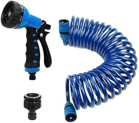 PiscatorZone EVA Recoil Garden Hose 25ft - Includes 7 Pattern Spray Nozzle,Retractable Curly Water Hose Blue