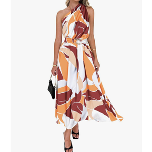 BTFBM Women's Sleeveless One Shoulder Dress Resort Outfits Casual Summer Maxi Sundress Print Belted Long Flowy Dresses, Medium