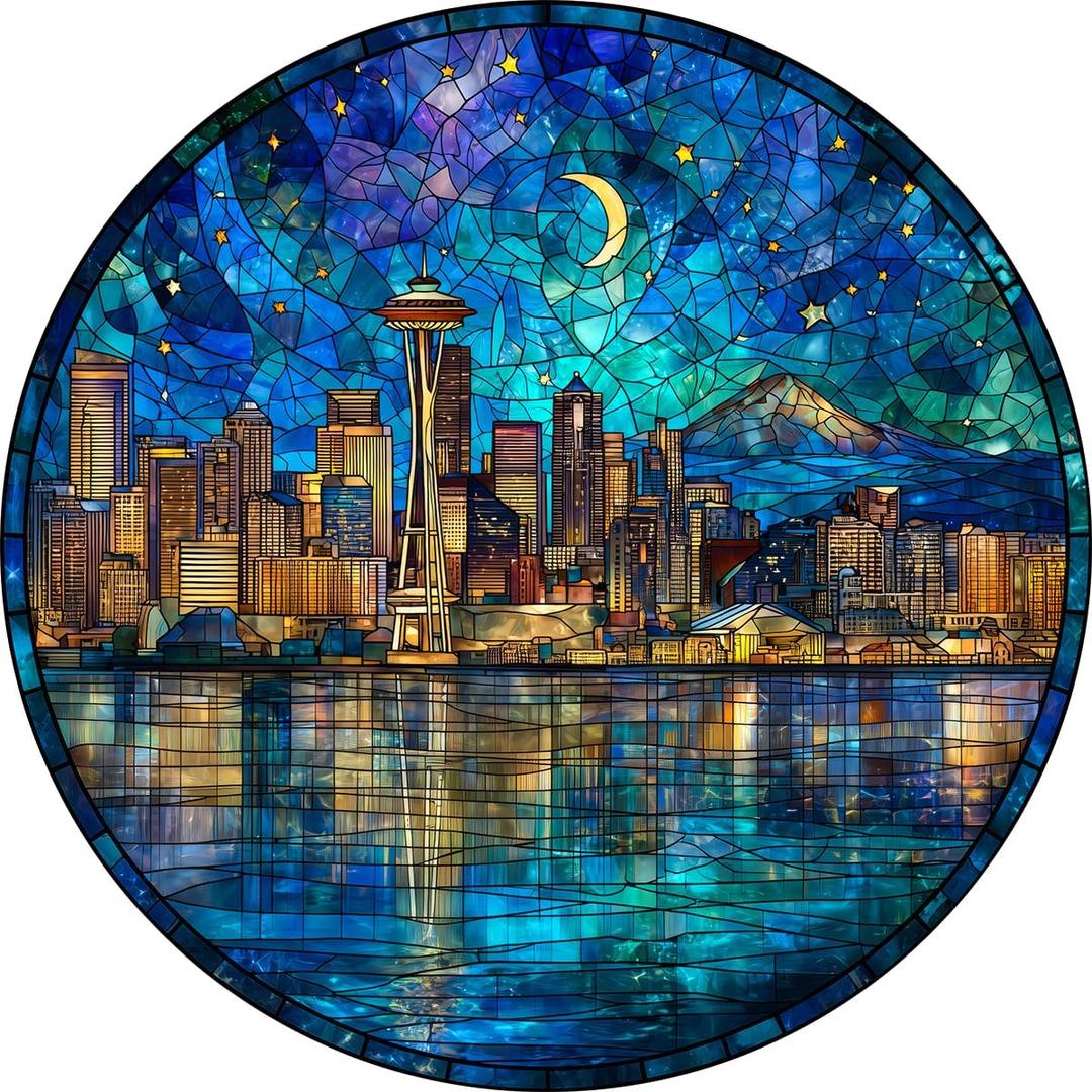 Bgraamiens 1000 Piece Jigsaw Puzzles for Adults – Seattle Skyline at Night – Stained Glass Style Cityscape with Moonlit Reflection – Artistic Urban Gift Challenge