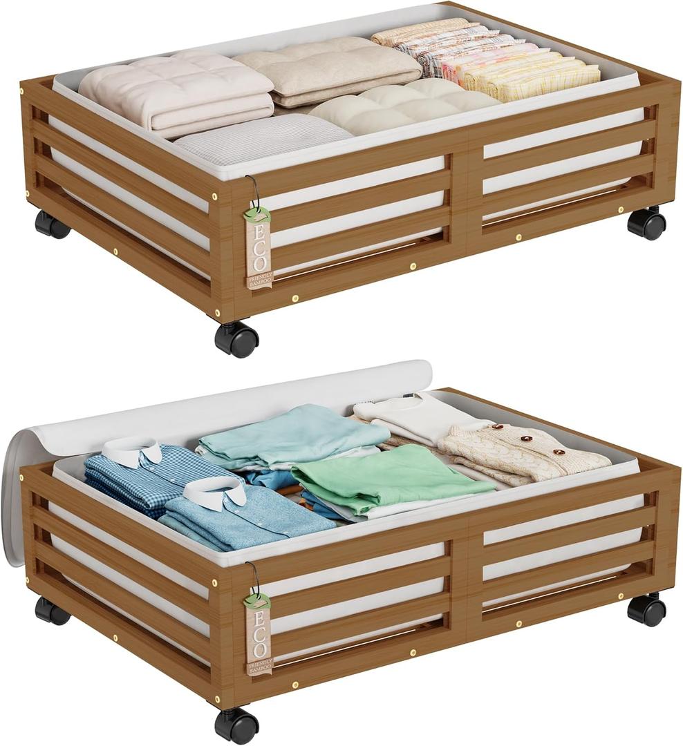 Wisuce Bamboo Under Bed Storage Containers- Underbed Organizer with Wheels with Dust Bag,Sturdy Wood Rolling Under the Bed Shoe Storage Organizer Drawers (Brwon, 2 Pack (23.62"16.54"))