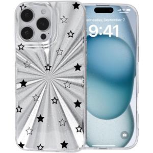 Black Transparent Star for iPhone 15 Case, Aurora Refraction Shockproof Cover, Nano-Gradient Light Effect, 0.02 inch Slim TPU, Gliter/Bling/Anti-Yellowing Apple Phone Case for Women Girl Girly