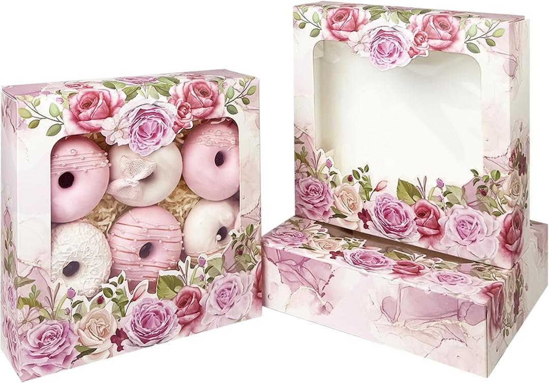 Qiqee Auto-pop up Mother''s Day 8x8x2.5 inch Bakery Box With Window Pink Rose 30 Packs Pie Boxes Pastry Box