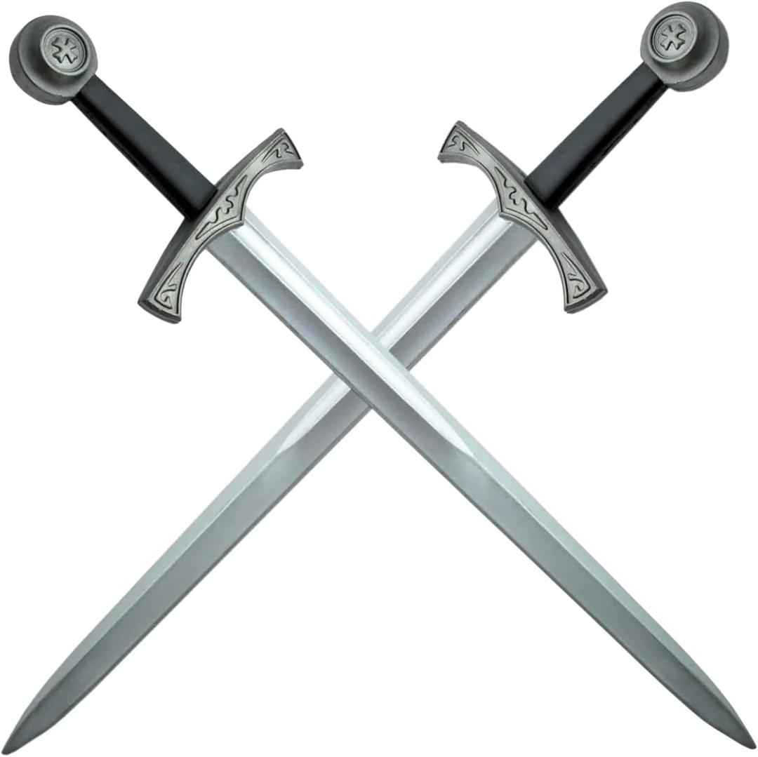 2-Pack 28 Inch Legendary Excalibur Foam Swords Medieval Knight Replica with Metallic Finish & Plastic Inner Core Halloween, Cosplay, Costume, Display