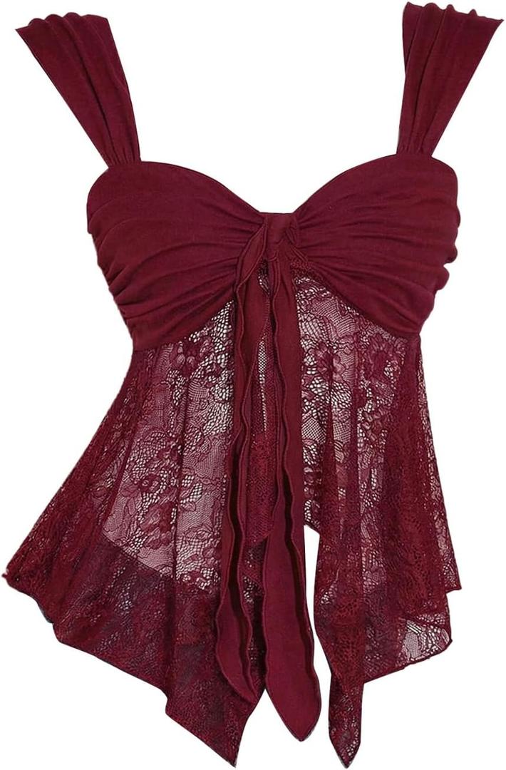 BEAUDRM Women's Y2k Lace Tank Top Sheer Mesh Asymmetrical Flowy Sweetheart Neck Sleeveless Going Out Party Club Rave Tops (Red, L)