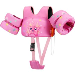 HeySplash Swim Vest for Kids, Toddler Pool Floaties Fit 13-30 Lbs, Baby Arm Floaties with Crotch Strap, Swim Jacket Water Wing Arm Band, Puddle Beach Boat Jumper Girl Learn to Swim, S Size, Pink Starfish
