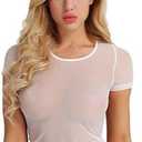 Women's Sheer Lace Lingerie Mesh Short Sleeve Crop Tops Sexy T Shirt See Through Sleepwear Casual Comfort Underwear White (Black) Small