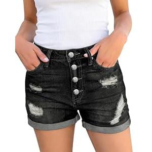luvamia Women's Ripped Button Fly Denim Shorts High Rise Stretchy Roll Hem Cut Off Shorts Wise Up Black Size Large