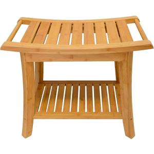 Zhuoyue Bamboo Spa Bath Shower Stool & Bench with Storage Shelf, Shower Bath Seats for Adults Seniors Women Elderly Tileable (24 x 13.4 x 18.5 inches+Beige)