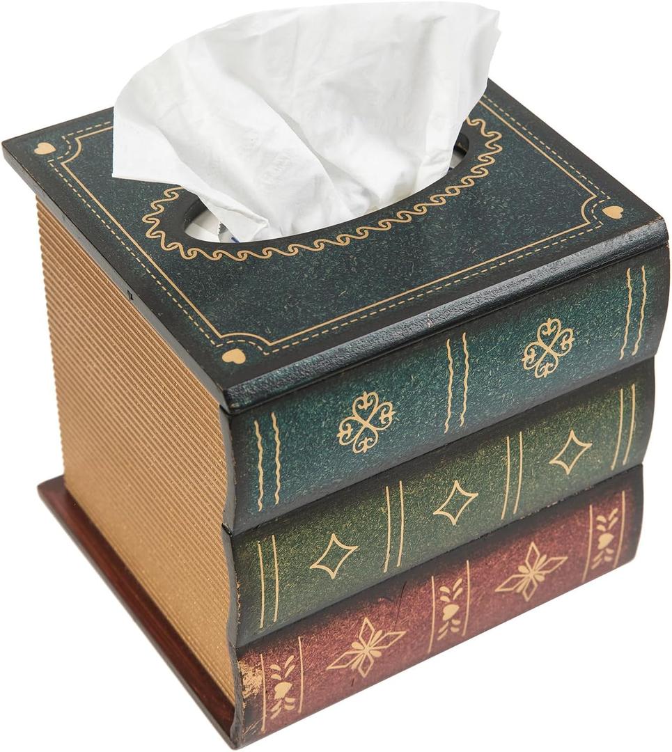 Crafted Classical Retro Wooden Antique Book Tissue Box Cover Square Tissue Holder Dispenser Paper Cover Case Napkin Holder Home Decor for Bathroom Living Room Office car Kitchen (Green)