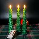 Waxy Christmas Tree Candles with Remote, Christmas Decorations Indoor, 3 PCS Real Wax Flameless Taper Candles Flickering, Green LED Candlesticks Battery Window Candle (9.5 inches)