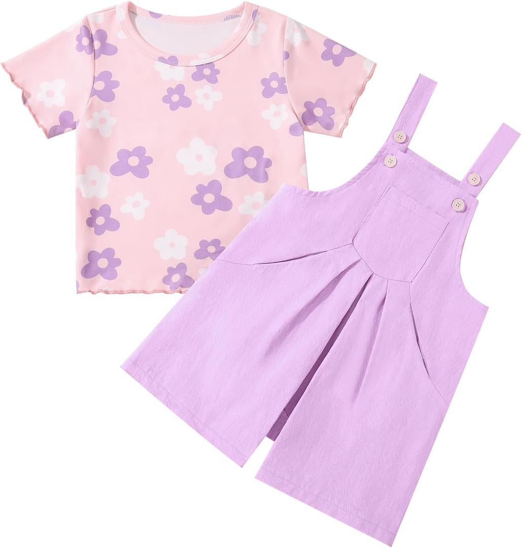 Toddler Baby Girls Summer Clothes Floral T-Shirt Top Bib Suspender Overall Shorts Set 2Pcs Infant Outfits 1-5T